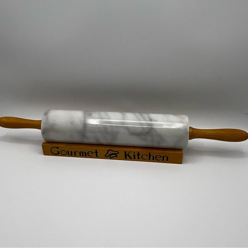 Gourmet Kitchen Heavy Marble Rolling Pin With Wood Cradle Stand near perfect c